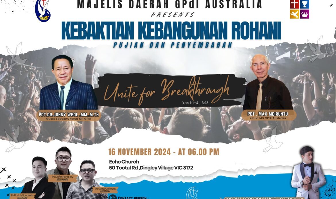 Inspirasi dan Persatuan Dalam Kasih. Majelis Daerah GPdI Australia berhasil menyelenggarakan KKR Akbar GPdI Australia di Melbourne, tepatnya pada 16 November 2024 di Echo Church. Dengan tema "Unite for Breakthrough", Pdt. DR. John Weol, MM., M.Th menyampaikan pesan yang menggugah jemaat: persatuan adalah kunci untuk menerima mujizat Tuhan. Firman Tuhan yang diambil dari Yosua 1:1-4 menginspirasi para peserta untuk mengesampingkan ego demi kemenangan rohani bersama. KKR ini menjadi momentum berharga bagi ratusan jemaat GPdI dari Melbourne, Sydney, hingga Mildura untuk bersama-sama memuji dan menyembah Tuhan. Penampilan penyanyi rohani ternama Stevano Andrie Wowiling juga menambah kemegahan acara yang penuh sukacita dan pemberkatan.