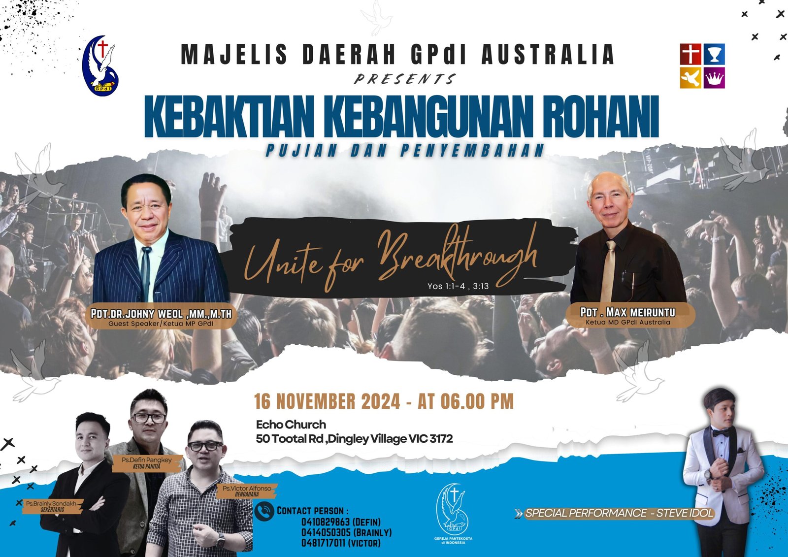 Inspirasi dan Persatuan Dalam Kasih. Majelis Daerah GPdI Australia berhasil menyelenggarakan KKR Akbar GPdI Australia di Melbourne, tepatnya pada 16 November 2024 di Echo Church. Dengan tema "Unite for Breakthrough", Pdt. DR. John Weol, MM., M.Th menyampaikan pesan yang menggugah jemaat: persatuan adalah kunci untuk menerima mujizat Tuhan. Firman Tuhan yang diambil dari Yosua 1:1-4 menginspirasi para peserta untuk mengesampingkan ego demi kemenangan rohani bersama. KKR ini menjadi momentum berharga bagi ratusan jemaat GPdI dari Melbourne, Sydney, hingga Mildura untuk bersama-sama memuji dan menyembah Tuhan. Penampilan penyanyi rohani ternama Stevano Andrie Wowiling juga menambah kemegahan acara yang penuh sukacita dan pemberkatan.